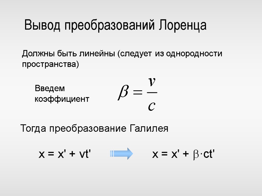 Вывод преобразований Лоренца Должны быть линейны (следует из однородности пространства) Введем коэффициент x =